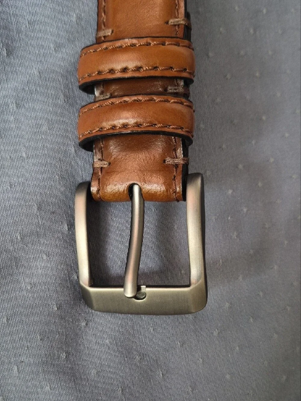 Handmade Italian Cognac Leather Belt with Brushed Silver Buckle Mens 36 Classic